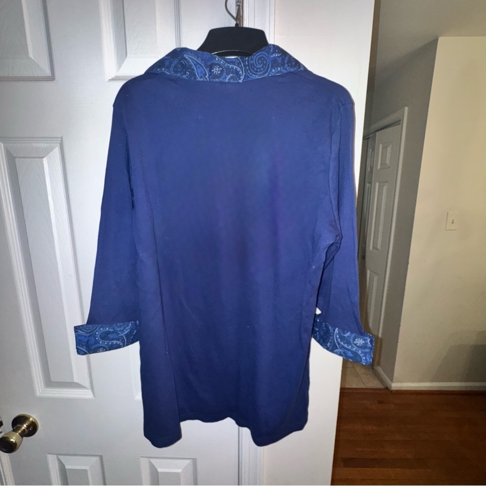 White Stag 1X 16W Blue Knit Top Printed Woven Collar 3/4 Sleeve Plus Size Boho - Picture 2 of 6